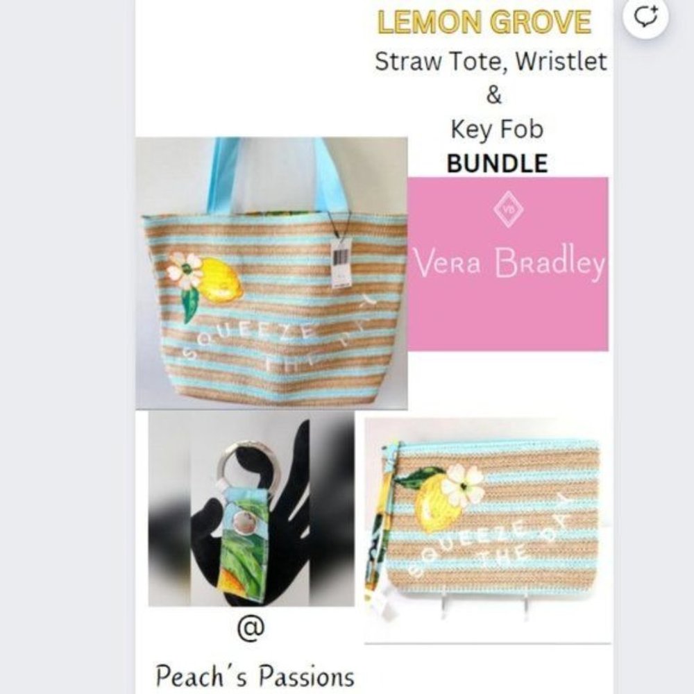 Vera Bradley Straw Tote Bag & Wristlet, & key fob in Retired Lemon Grove…